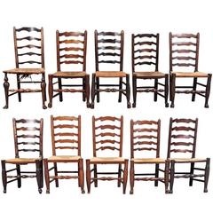 Group of Ten Compatible English Rush Seat Ladder Back Chairs