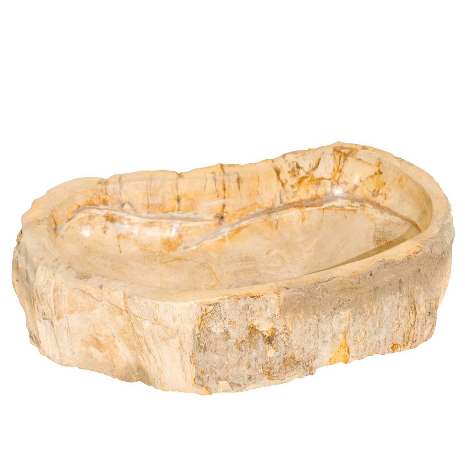 Un elegante fregadero de madera petrificada pulida en forma de riñón con borde vivo alrededor