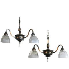 Antique Pair of Early 20th Century Anodised Copper Three Branch Ceiling Lights