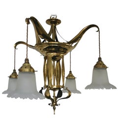 Edwardian Art Nouveau Brass Four Branch Ceiling Light