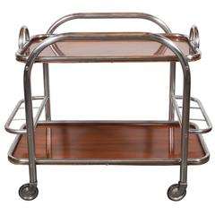 French Art Deco Machine Age Tubular Chrome and Walnut Bar Cart