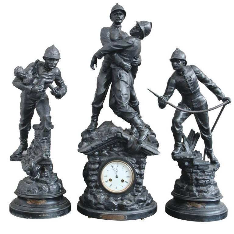 Antique French Spelter Firemen Clock Set