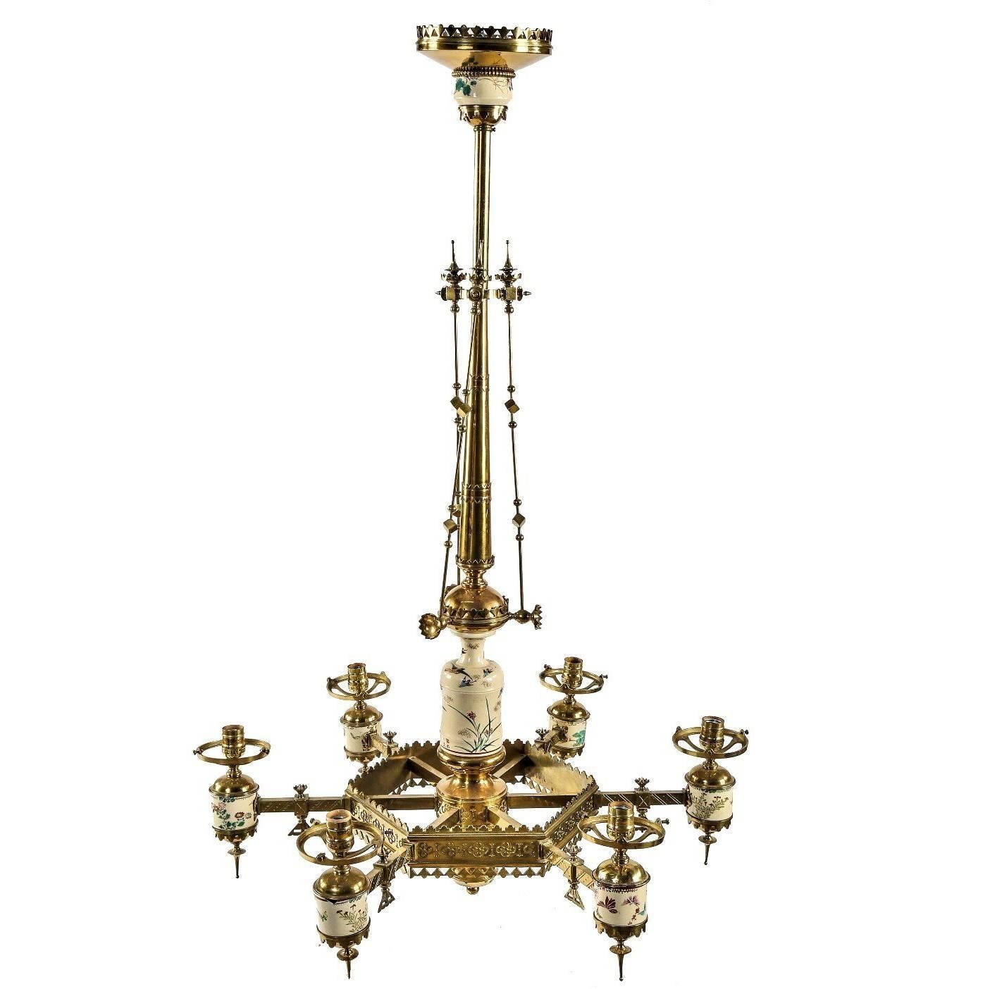 19th Century Converted Gasolier Chandelier with Glazed Pottery For Sale