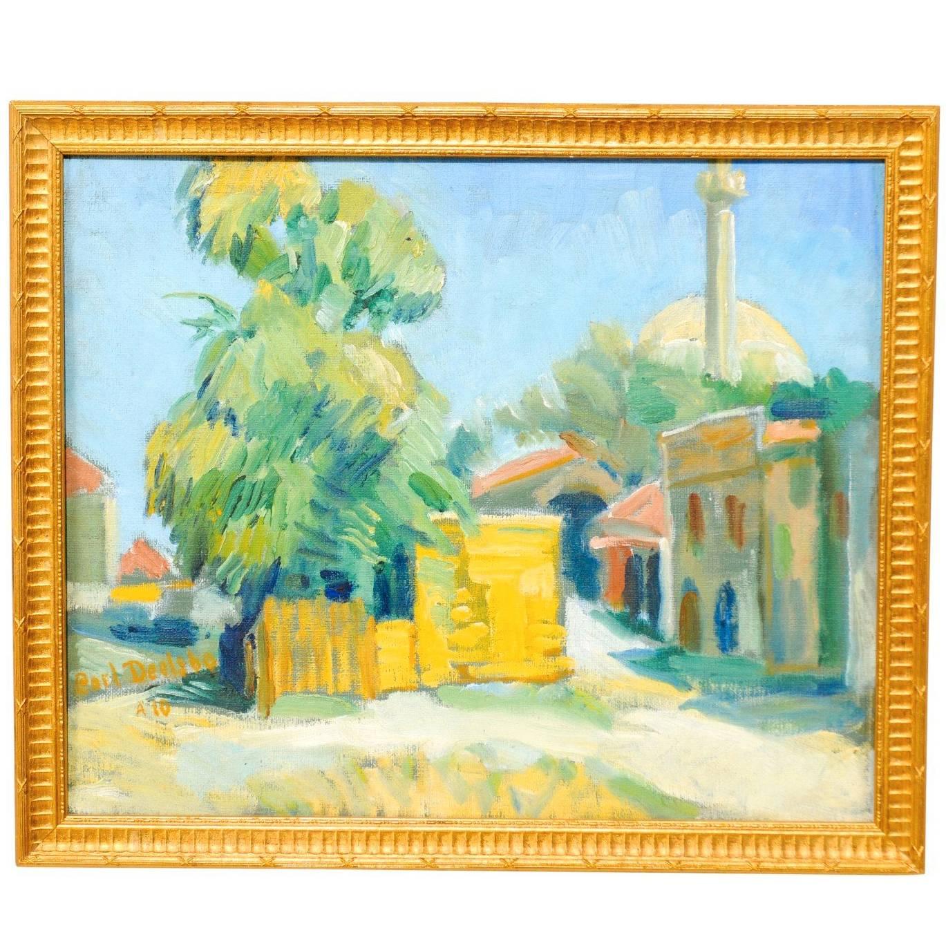 Swedish Oil Painting by Artist Carl Deelsbo Depicting a Bright Tunisian Village