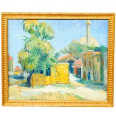 Swedish Oil Painting by Artist Carl Deelsbo Depicting a Bright Tunisian Village