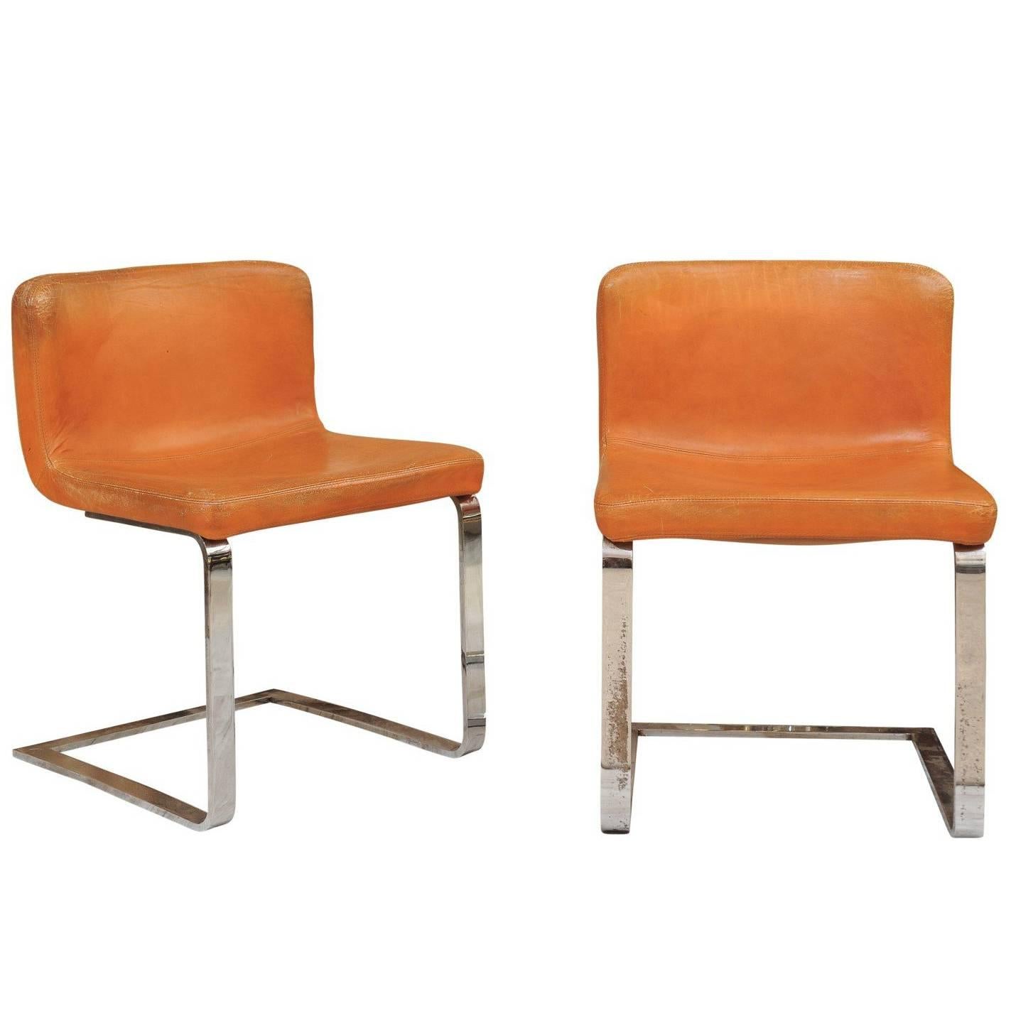 Pair of French Mid-Century Modern Leather and Chrome Accent Chairs