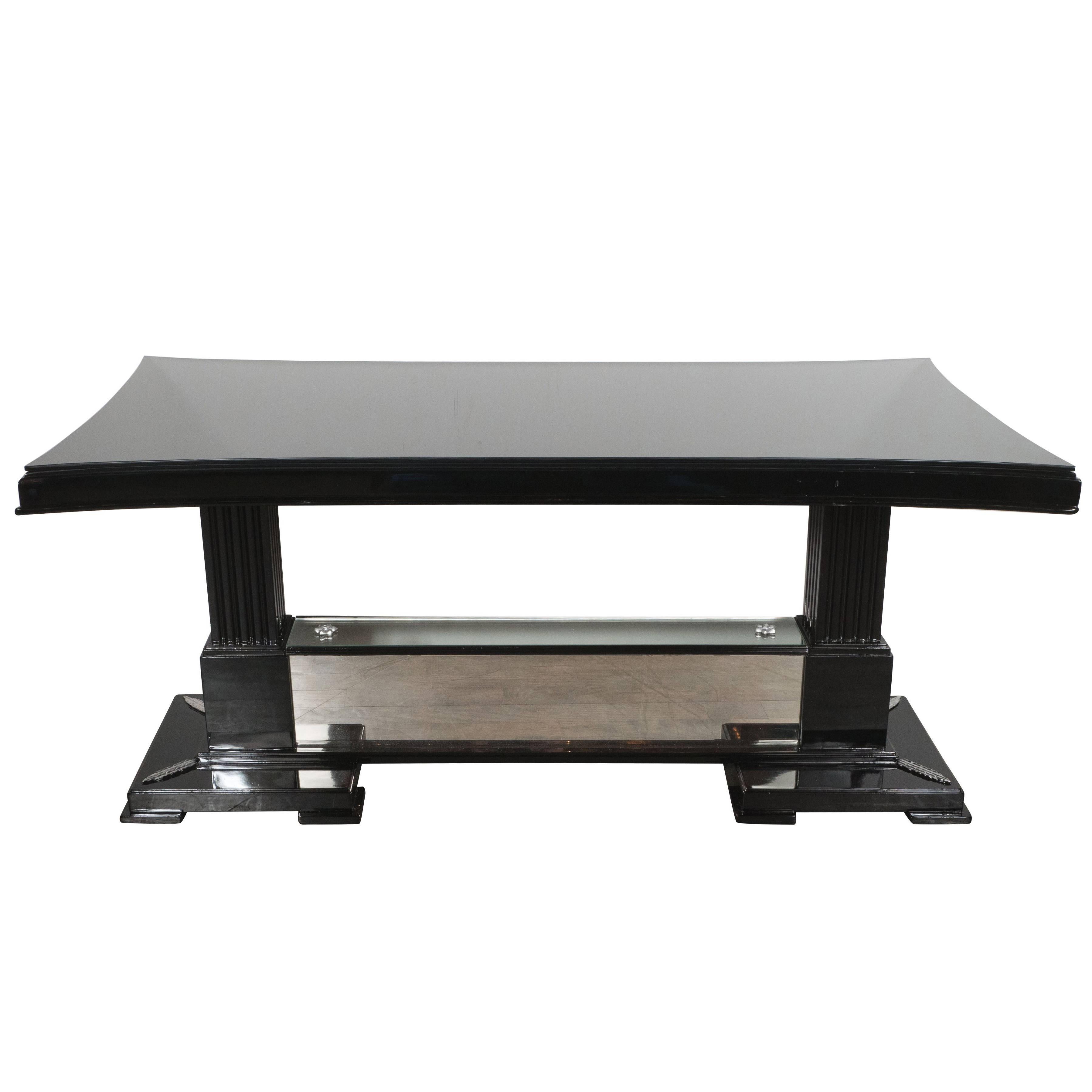 Hollywood Regency Black Lacquer& Silver Leaf  Cocktail Table by Grosfeld House
