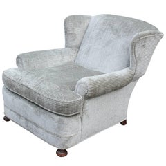 Antique Deep Wingback Bun Foot Lounge Chair in Soft Grey Velvet