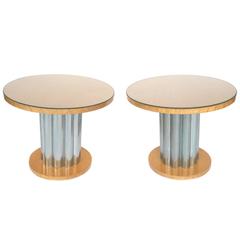 Pair of 1970s Deco-Style Round Chrome & Sycamore Side Tables