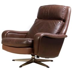 Vintage Danish Leather Reclining Swivel Man Cave Chair, circa 1970