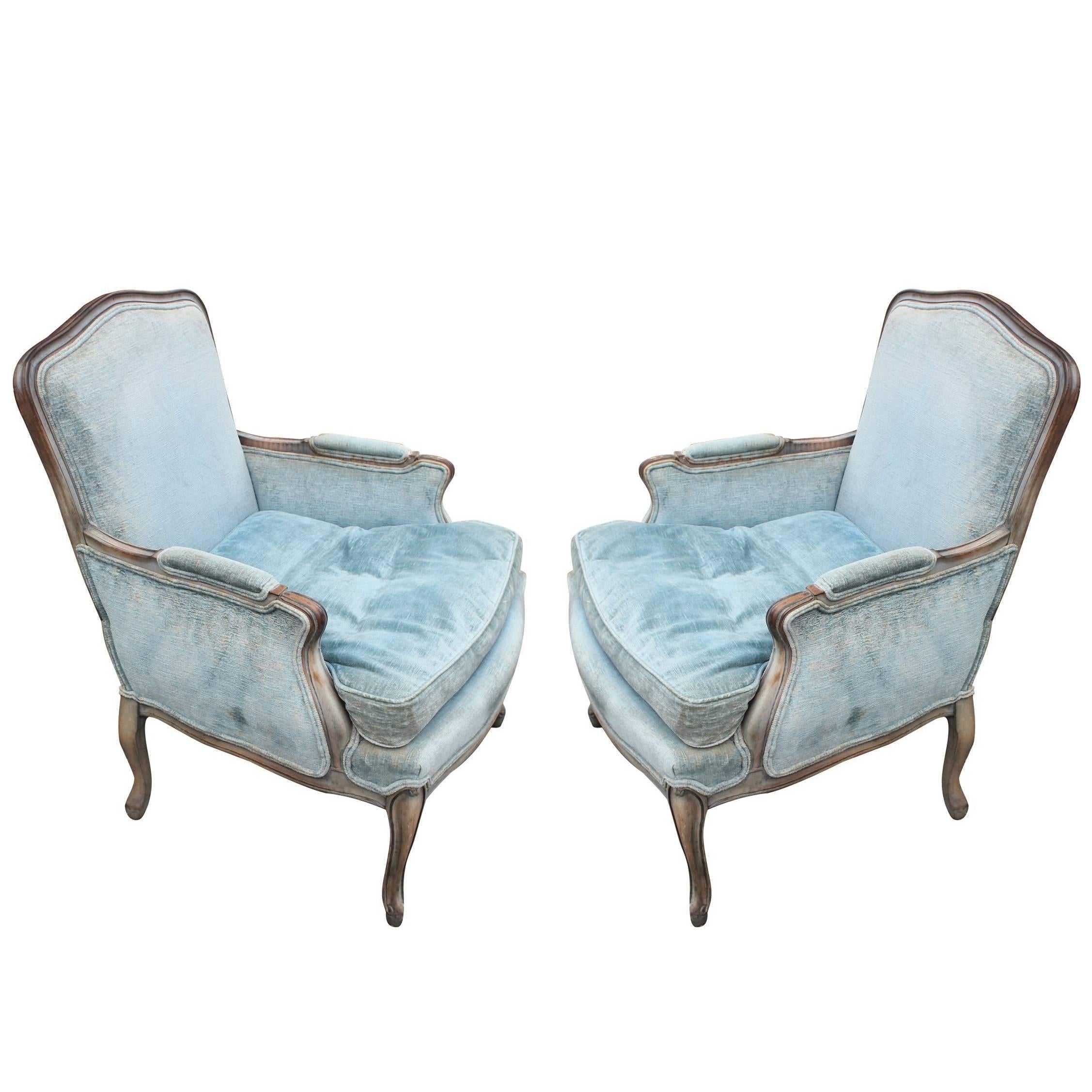Pair of French Louis XV Style Grey Stained Lounge Chairs Meyer Gunther Martini