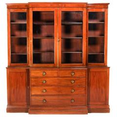 Antique Georgian Mahogany Breakfront Bookcase with Brass Accents Circa 1820
