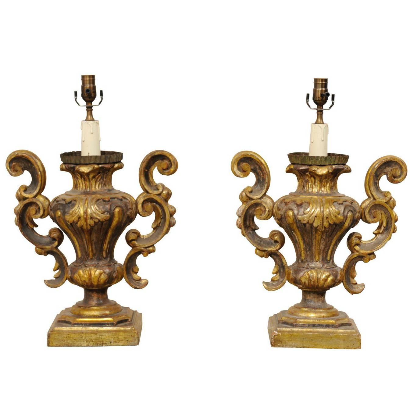 Pair of Italian Rococo Style Gilded Table Lamps with Classic Urn Shape & Foliage