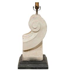 French Cast Stone Single Table Lamp with Scroll / Stylized Ocean Wave Motif