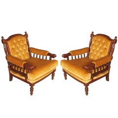Early 20th Century Armchairs in Walnut with original Yellow Velvet upholstery