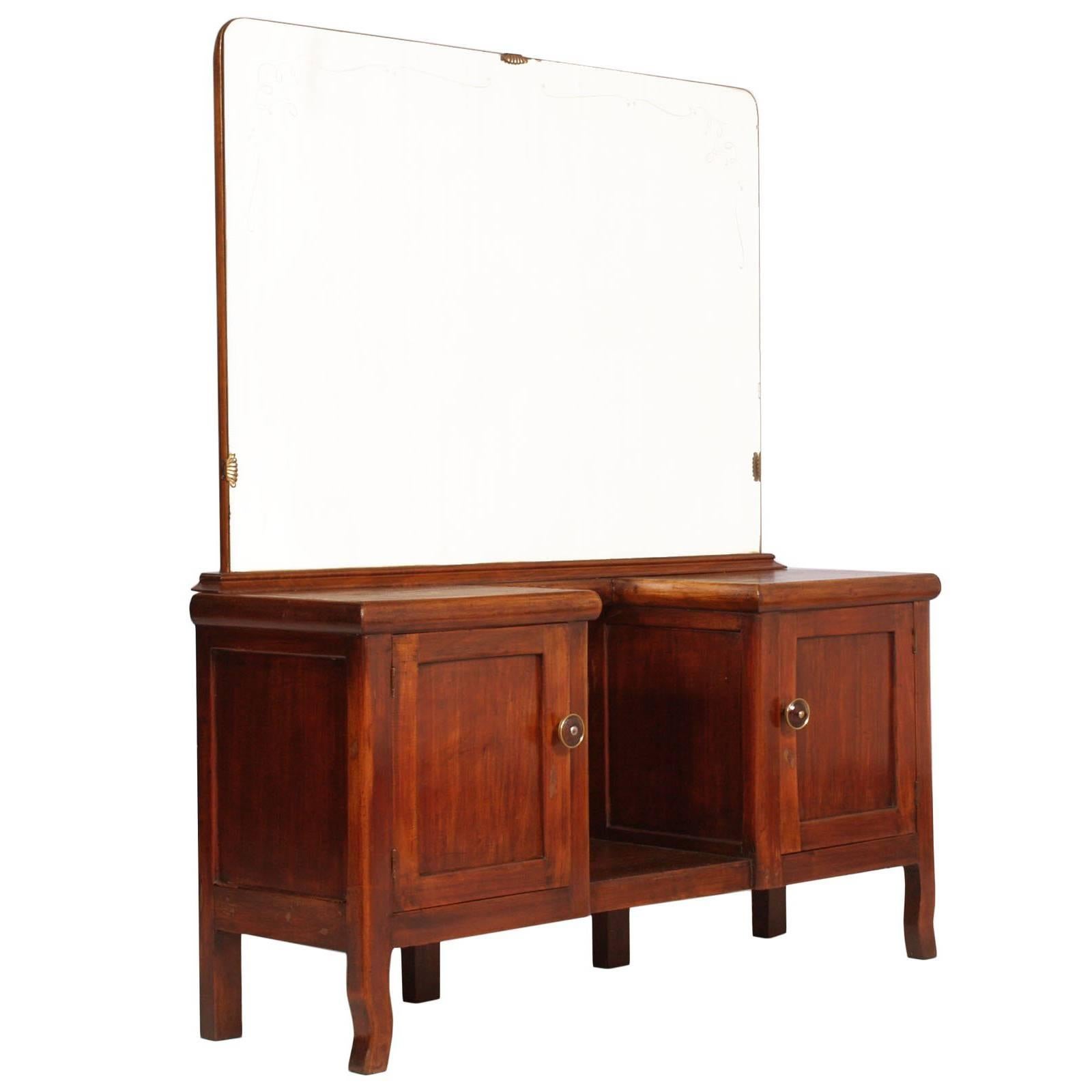 1930s Art Deco Entry Cabinet Console Table with Mirror in Walnut