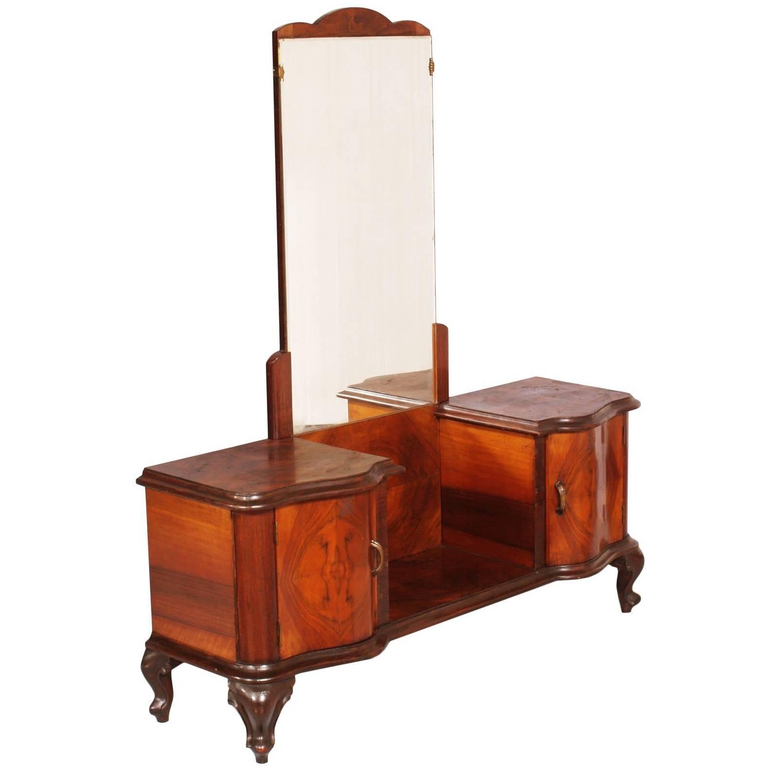 1940s, Italy, Chippendale Walnut Mirrored Dressing Table and Burl Walnut Veneer