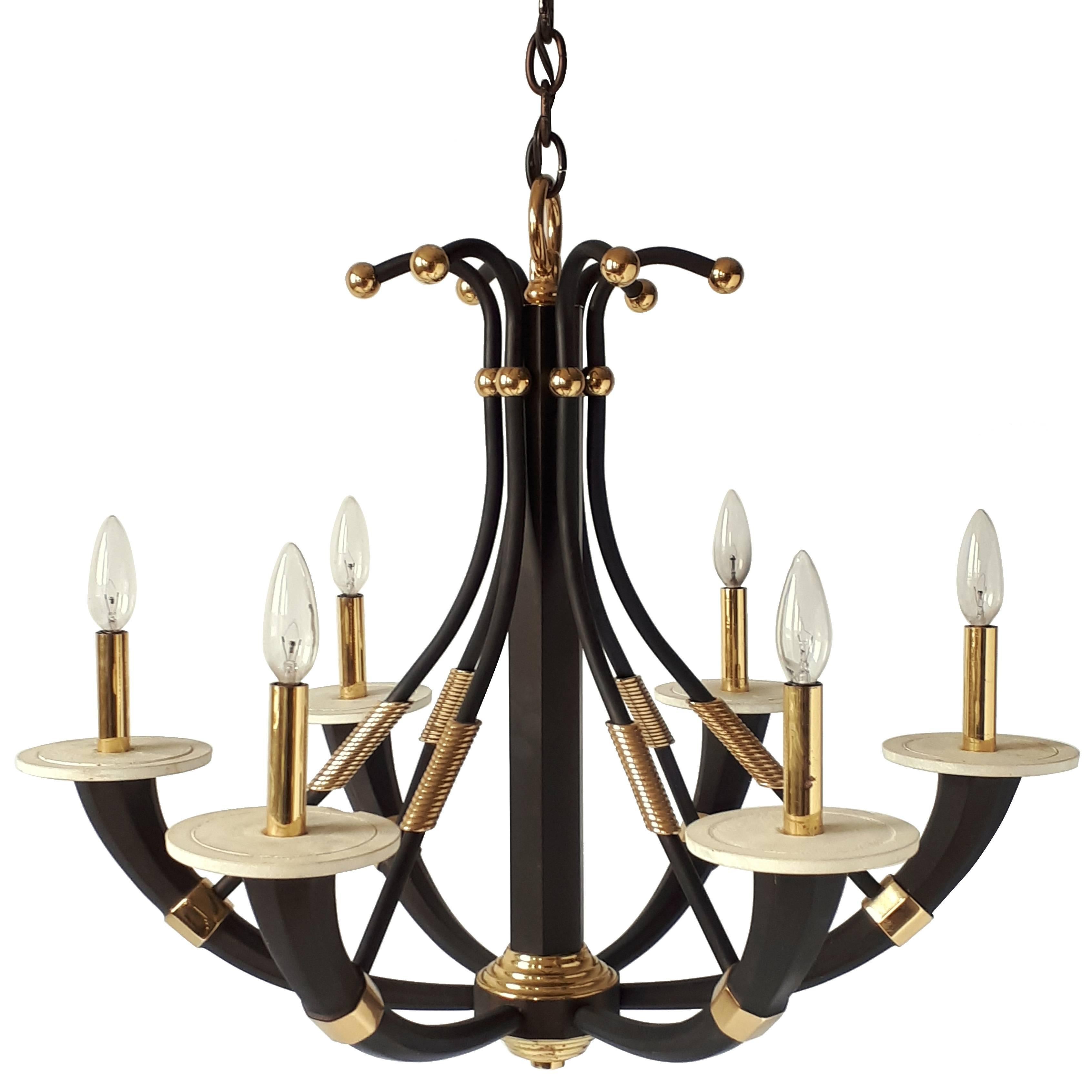 Solid Brass Six Arms Chandelier, 1980s, Italia
