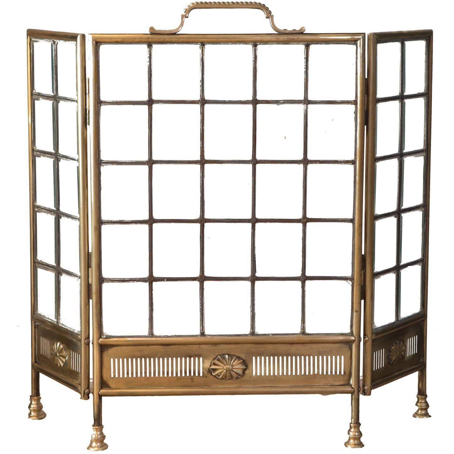 20th Century Edwardian Brass and Panelled Glass Fire Screen