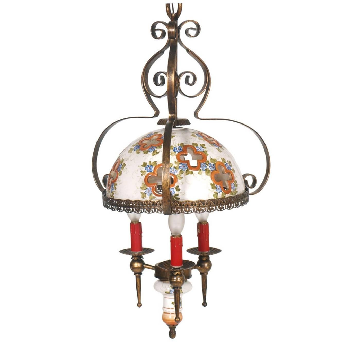20th Mid-Century Bassano Chandelier Hand-Painted Ceramic & Burnished Brass 1950s