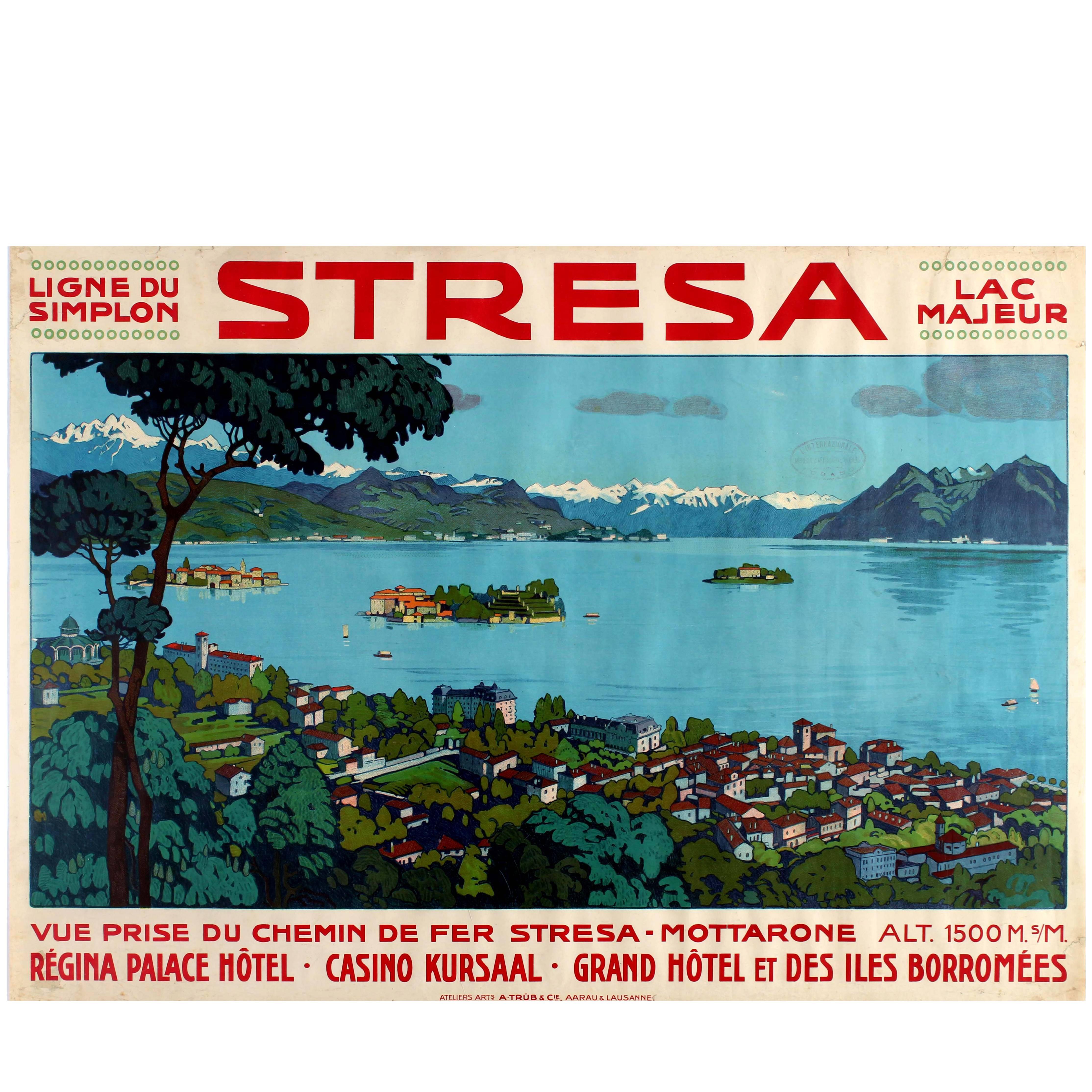 Original Early Simplon Railway Travel Poster for Stresa on Lake Maggiore Italy