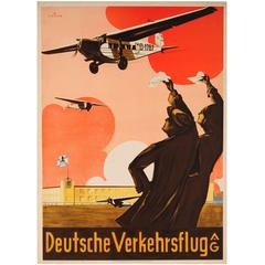 Original Vintage German Travel Advertising Poster for Deutsche Verkehrsflug AG