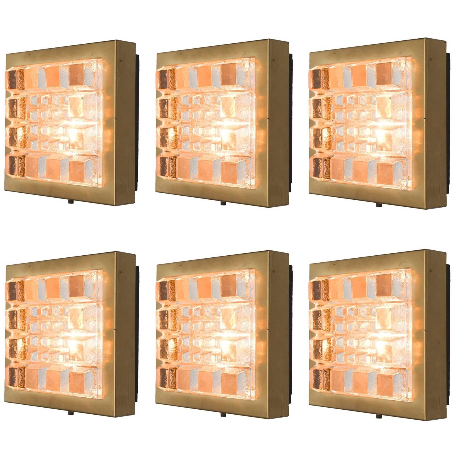 Set of Six Geometric Wall Lights in Brass and Glass