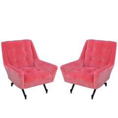 Pair of Italian Modern Tufted Lounge Chairs in Coral Pink Velvet Adjustable Legs