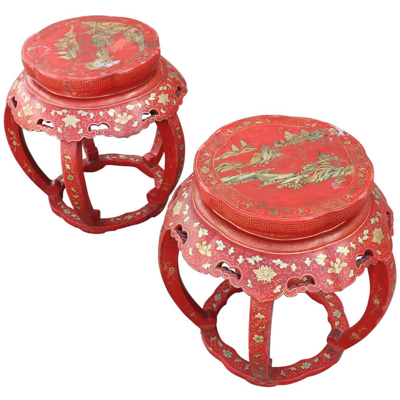Pair of Red Orange Asian Chinoiserie Side Tables/Stools