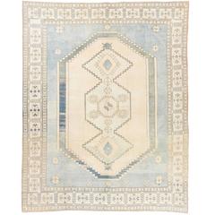 Central Anatolian Wool Rug in Light Blue and Cream Colors