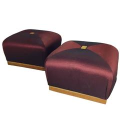 Vintage Pair of Merlot Colored Poufs with Buttoned Center