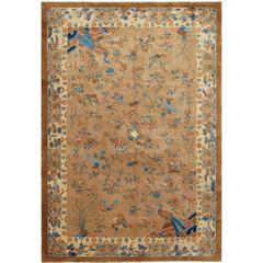 Antique Chinese Peking Carpet with Floral and Bird Design in Camel and Blue