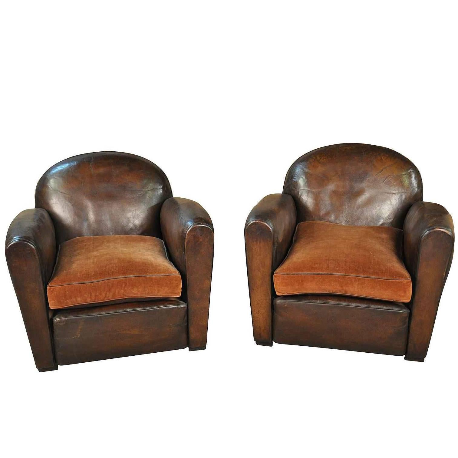 Sensational Pair of French Art Deco Leather Club Chairs