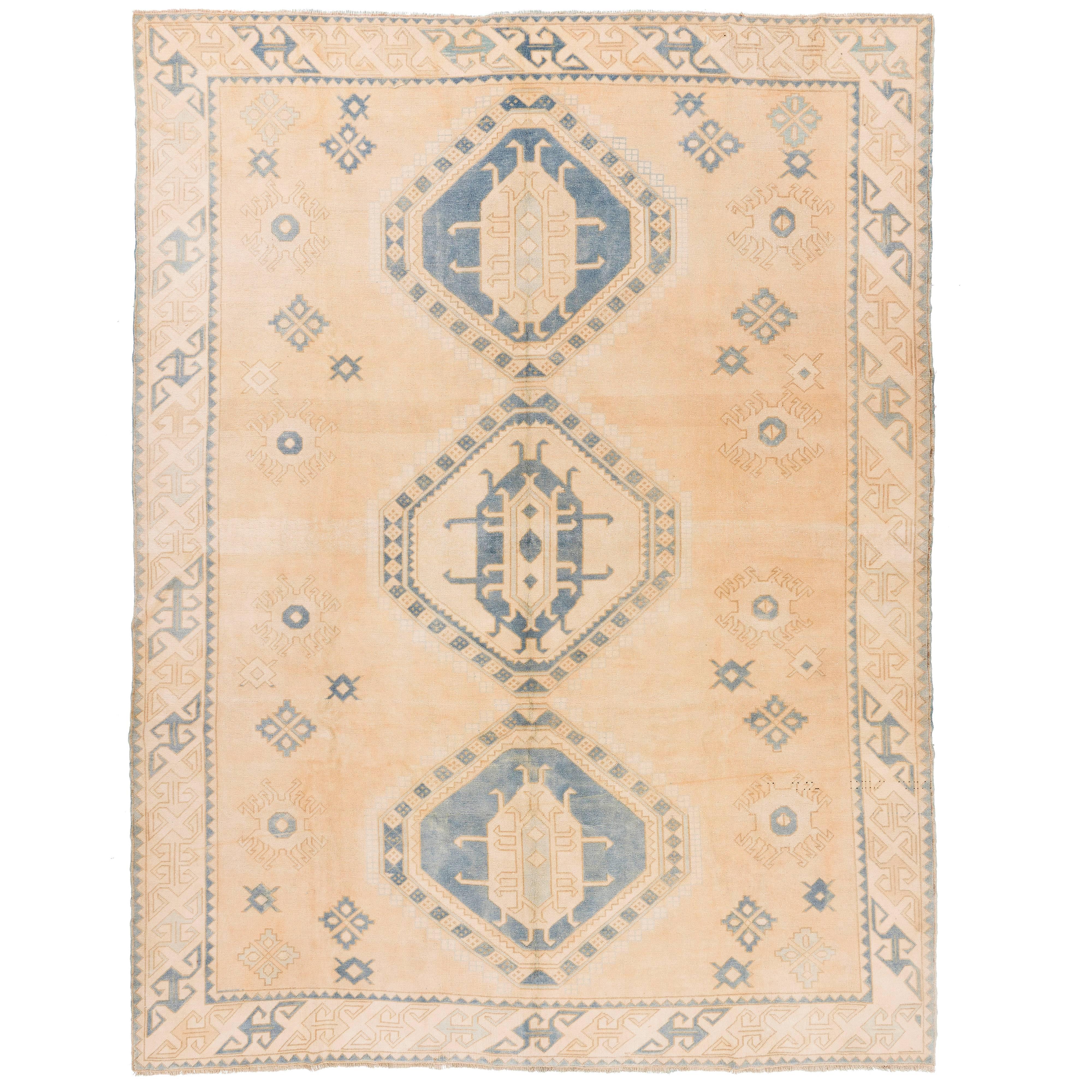 9.7x12.6 Ft Vintage Anatolian Rug in Salmon Pink, Cream and Light Blue Colors For Sale
