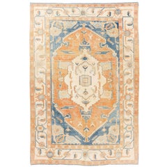 8.8x12.4 Vintage Anatolian Wool Rug. Light Blue, Rust, Peach Ivory-Cream Colors 