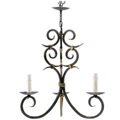French Forged Iron Three-Light Chandelier with Scrolled Arms and Gilded Accents 11