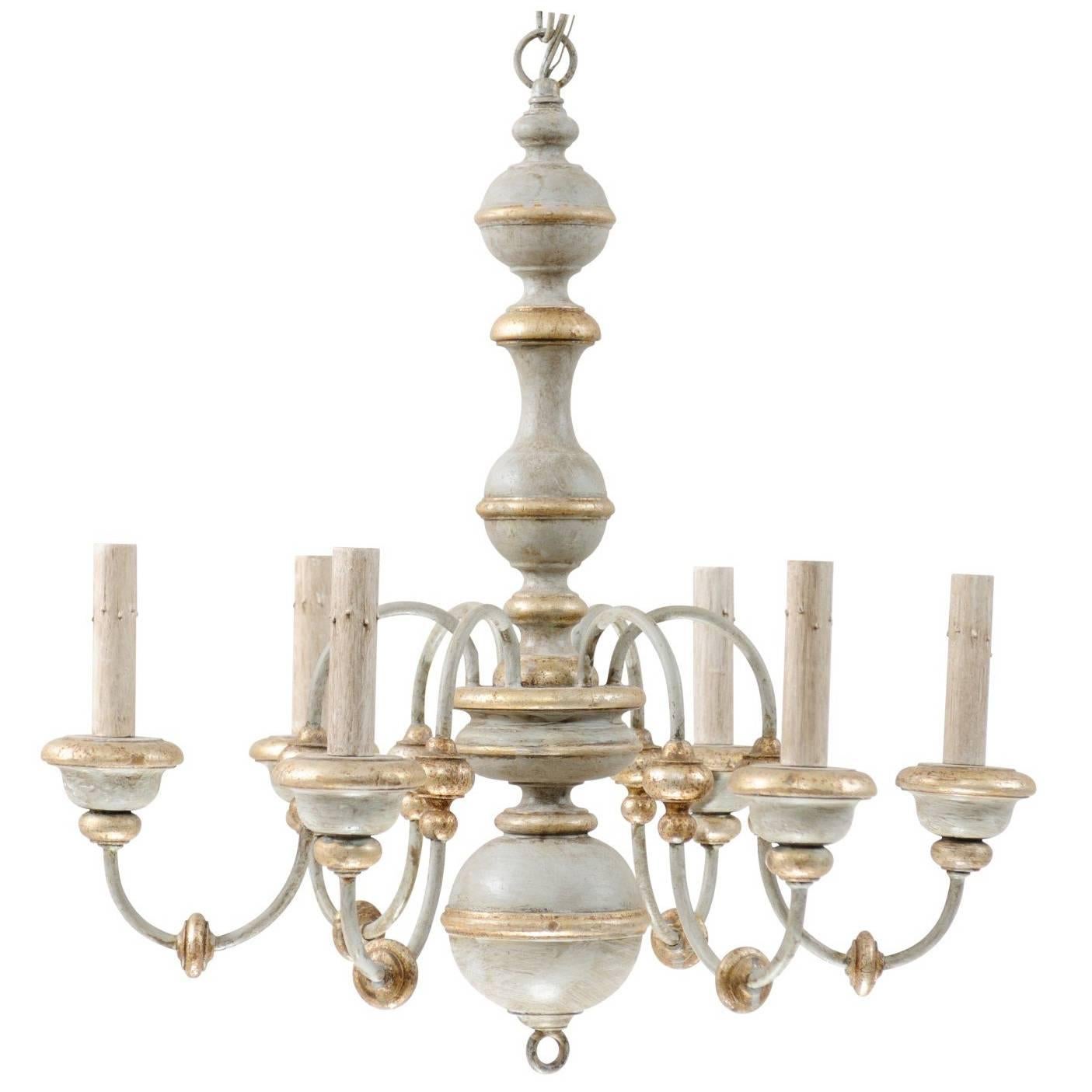 Italian Painted Wood Chandelier with Pretty Light Blue/Grey Gold and Silver Hues