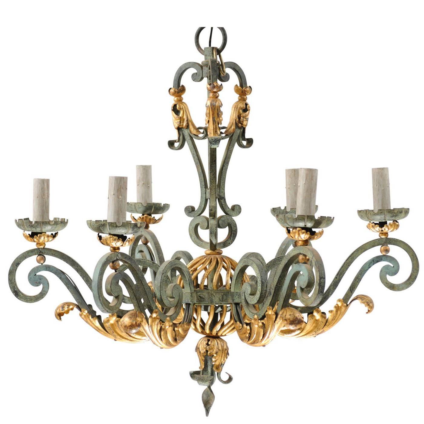 Elegant French Verdigris Six-Light Chandelier of Forged Iron with Gilt Accent