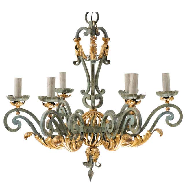 French Fer Forge 10-Light Chandelier with Copper Jardinière at 1stDibs