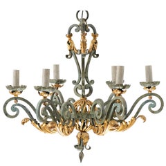 Elegant French Verdigris Six-Light Chandelier of Forged Iron with Gilt Accent