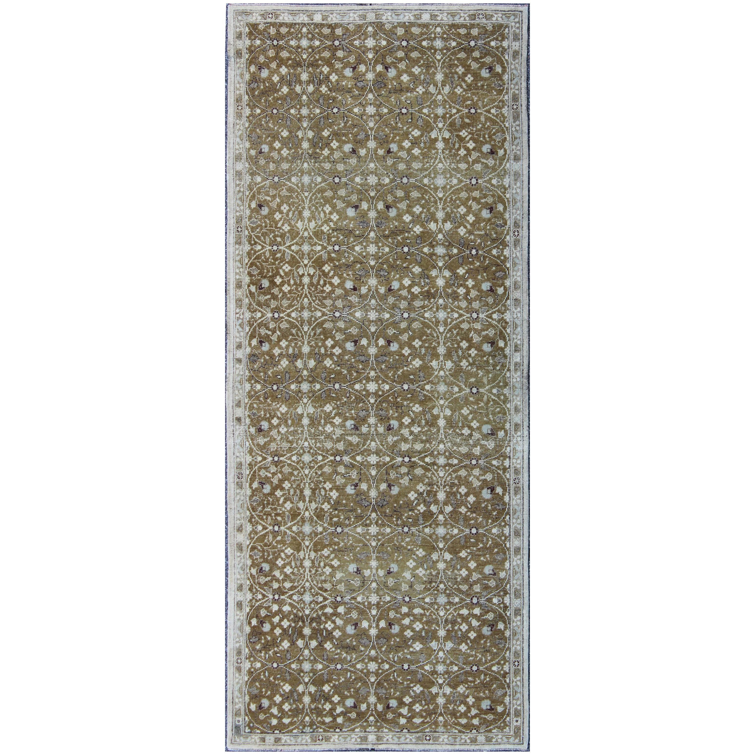 Antique All-Over Design Oushak Rug with Flowers in Ivory and Olive Green For Sale