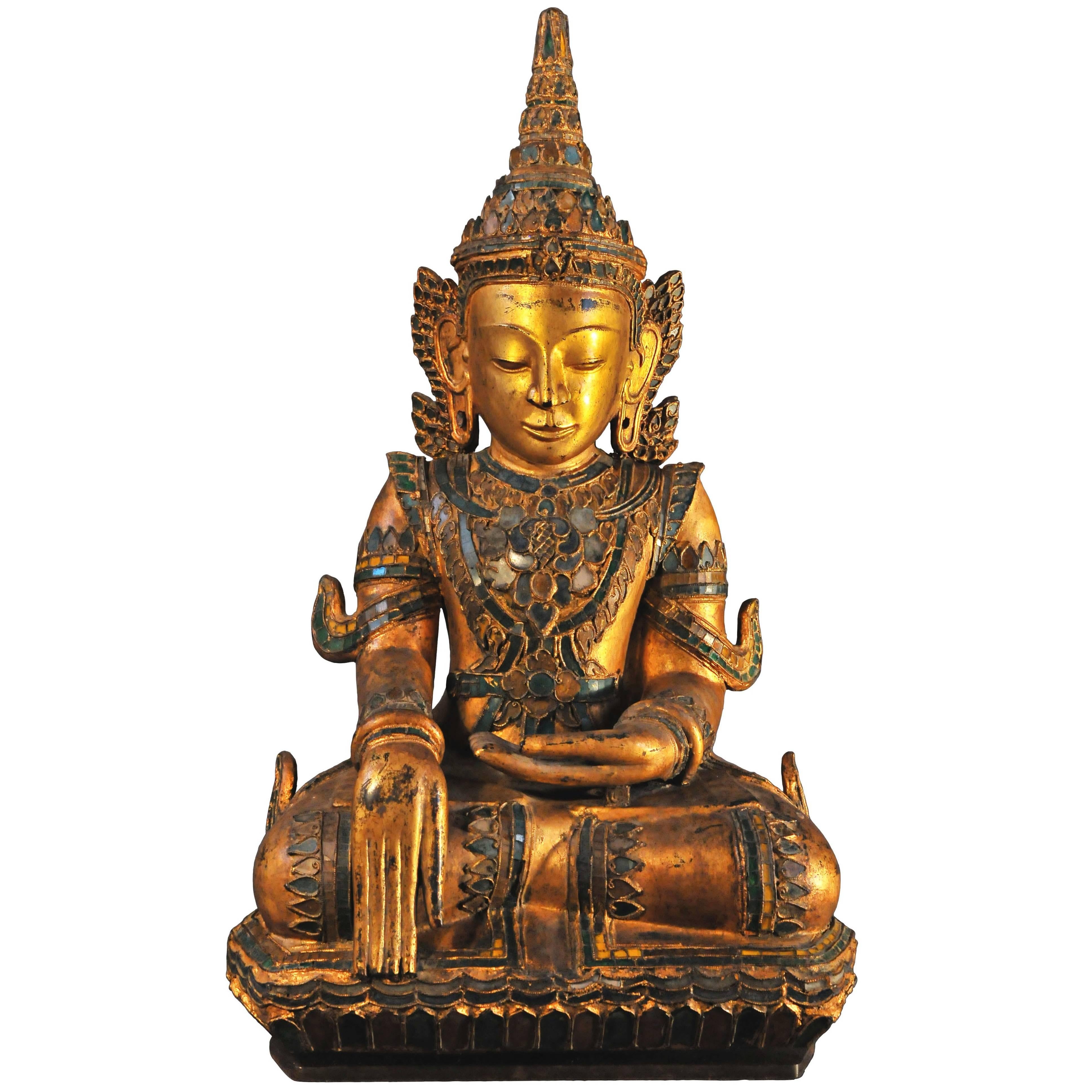 Early 19th Century, Gilt Lacquer with Glass Inlay Crowned Buddha, Thailand
