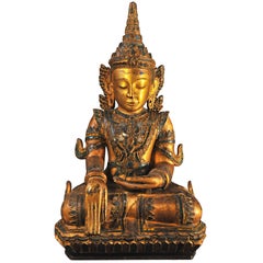 Early 19th Century, Gilt Lacquer with Glass Inlay Crowned Buddha, Thailand