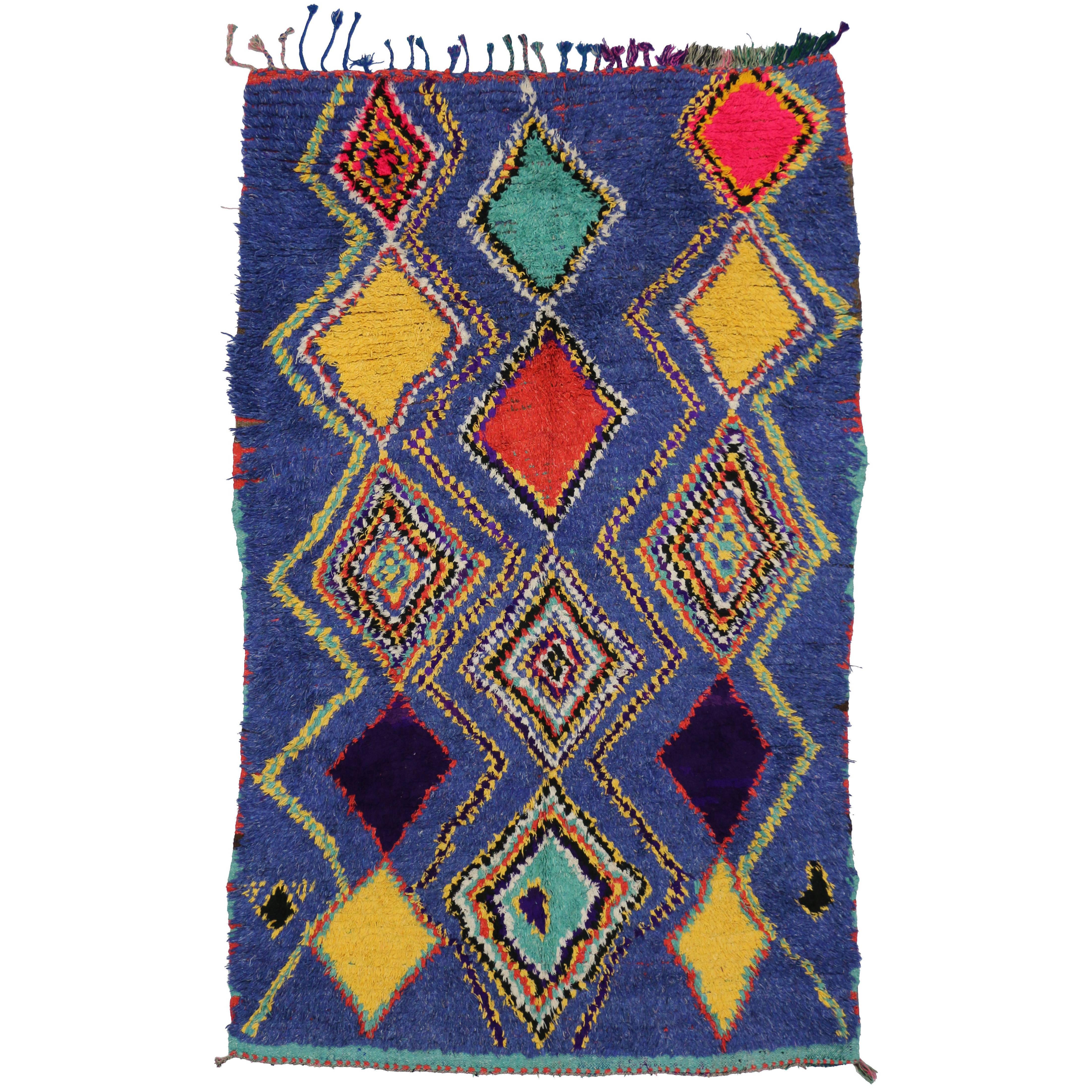 Boho Chic Vintage Moroccan Rug with Tribal Design, Blue Moroccan Rug at