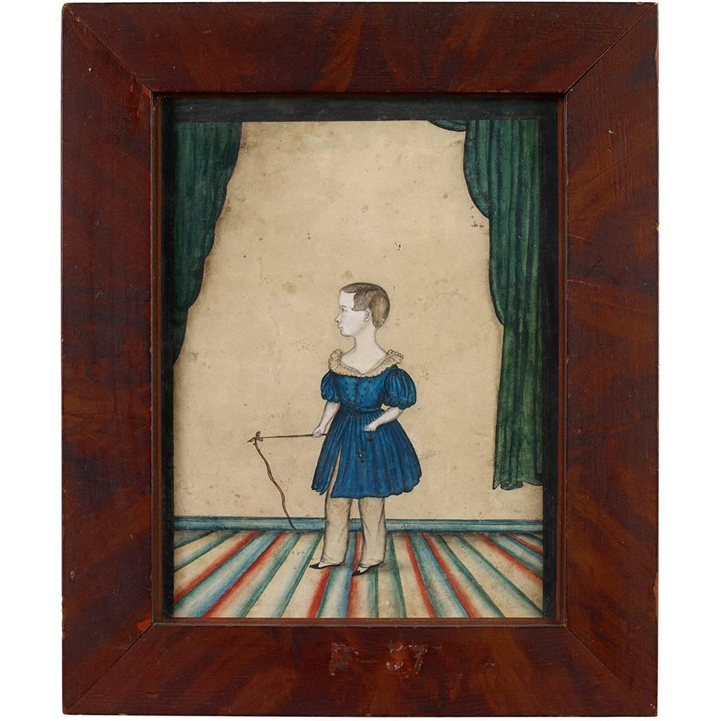 Portrait of a Young Boy on a Striped Carpet For Sale