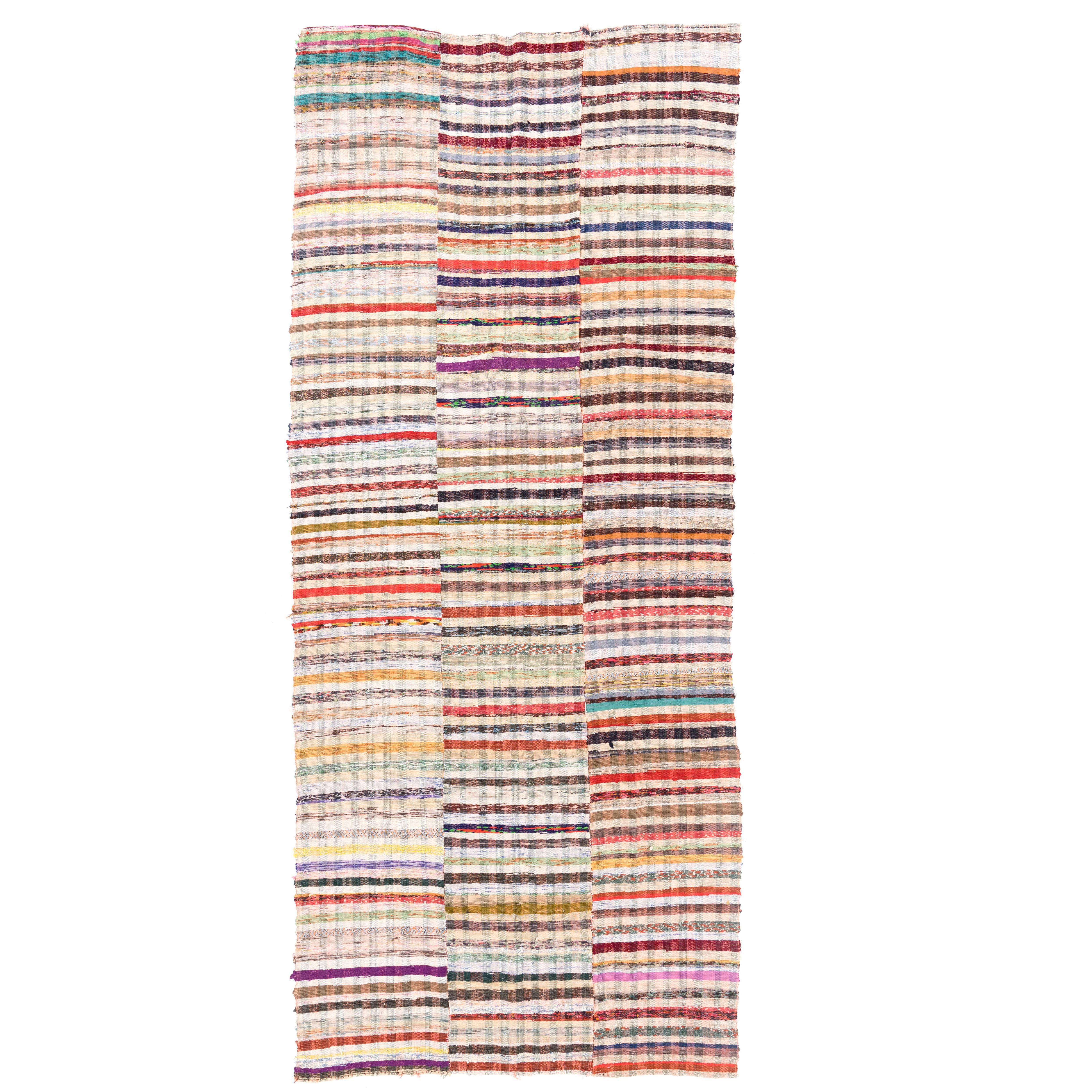 Colorful Vintage Cotton Rag Rug. Flat-Weave Kilim. Reversible Floor Covering