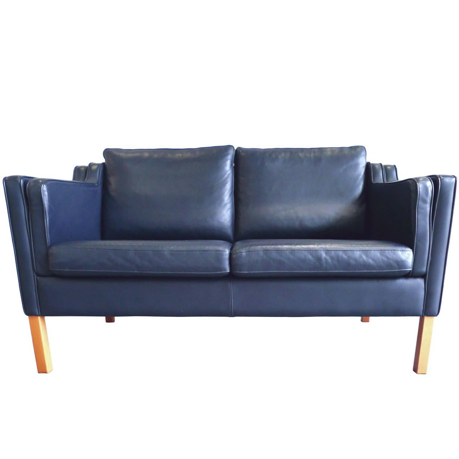 Stouby Blue Leather Settee in the Style of Børge Mogensen