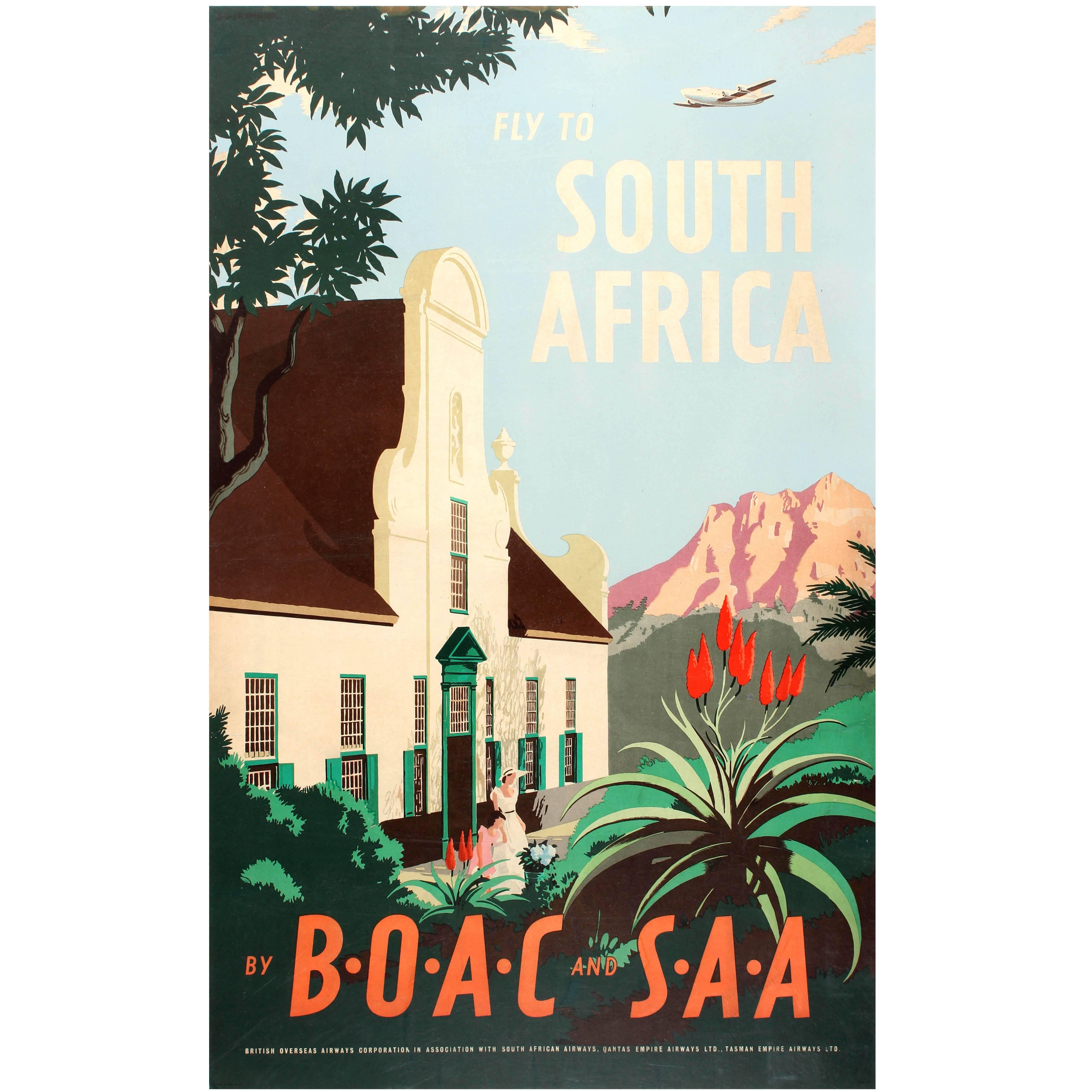 Original Vintage Travel Advertising Poster - Fly to South Africa by BOAC and SAA