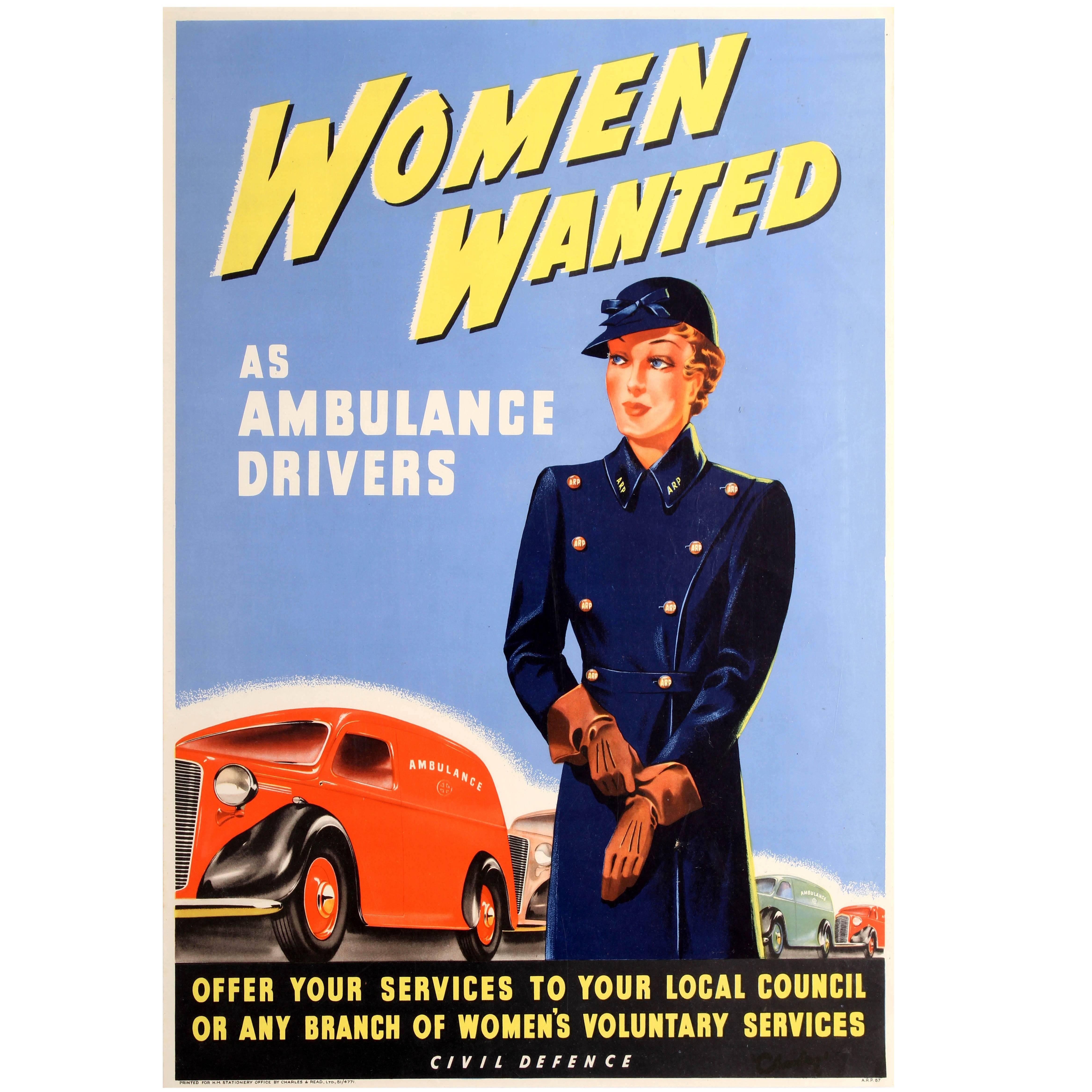 Original World War Two Civil Defence Poster - Women Wanted as Ambulance Drivers
