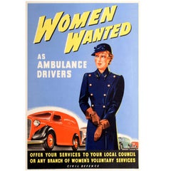 Vintage Original World War Two Civil Defence Poster - Women Wanted as Ambulance Drivers